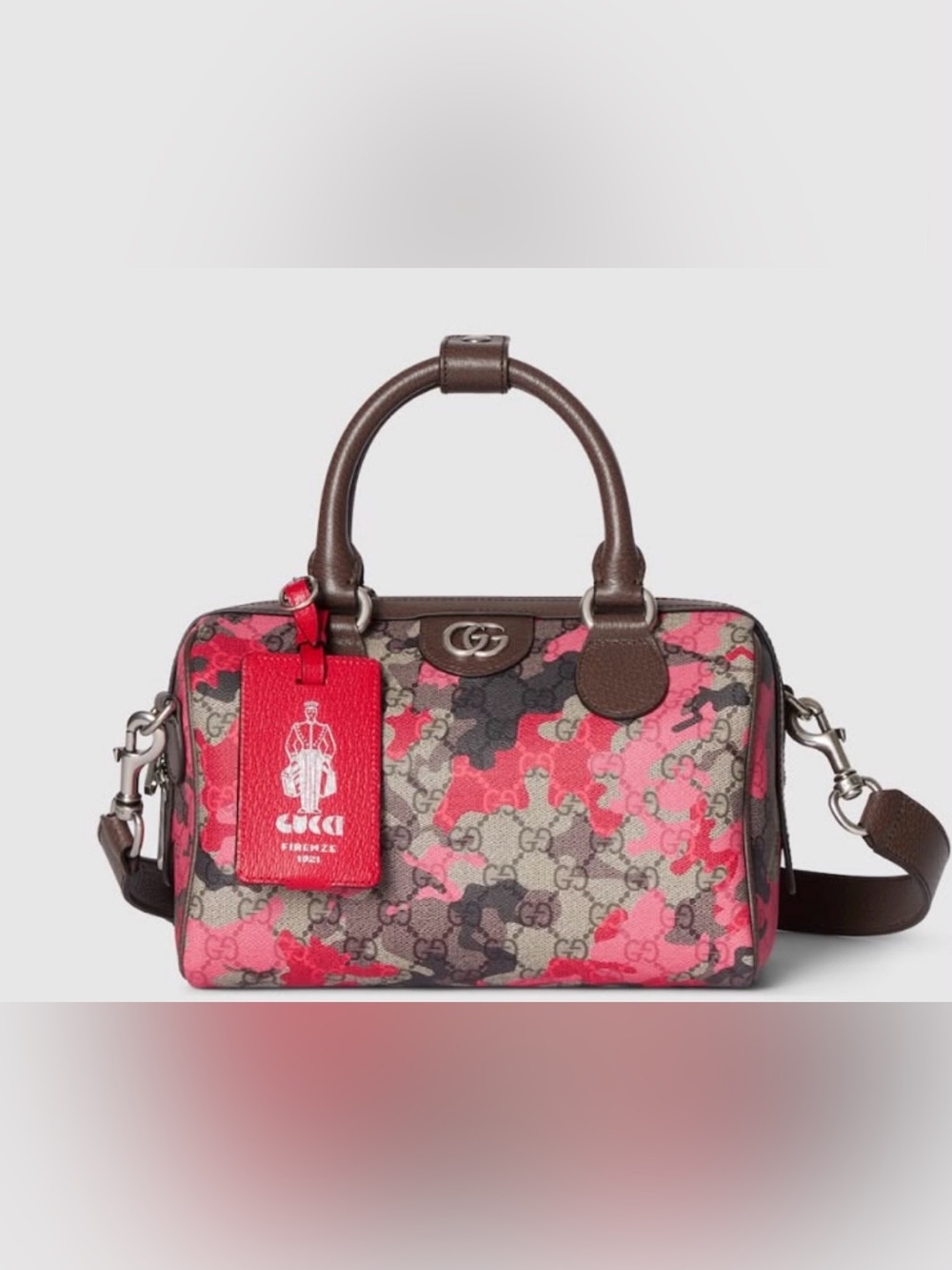 GUCCI Camo Boston Bag Pink Red Beige GG Canvas Brn Leather Trim Small Duffle NWT